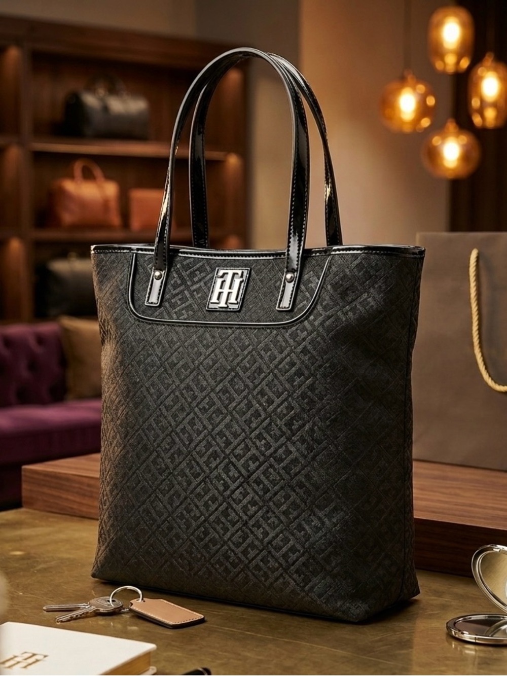 Tommy Hilfiger Black Monogram Tote Bag - Glossy Patent Handles